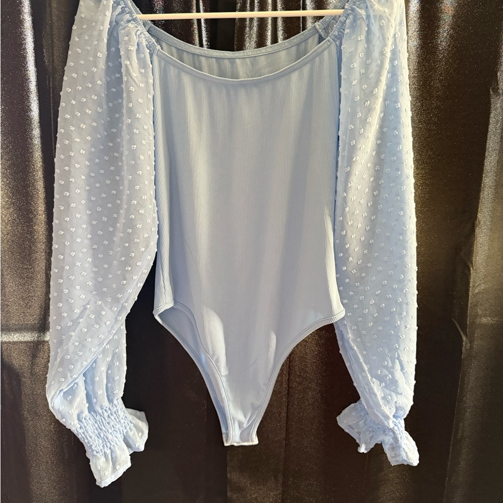 Elegant Blue Sheer Sleeve Bodysuit